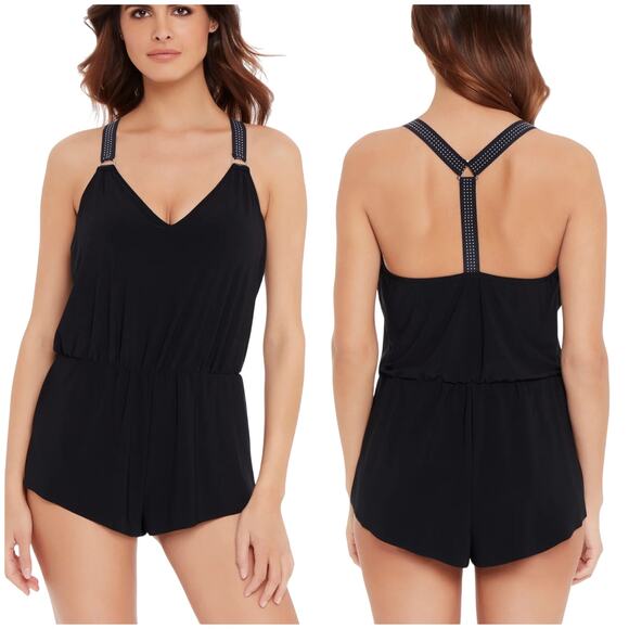 Magicsuit NWT Gabby Swim Romper Star Studded Black Size 16 Pockets Wireless Bra